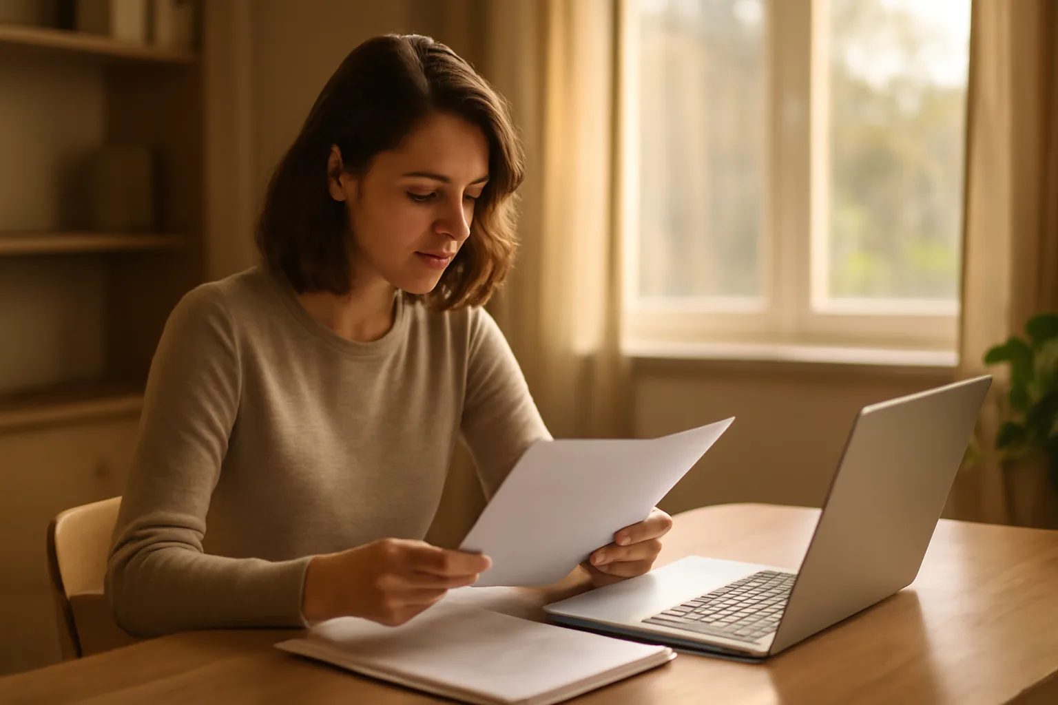Person reviewing notary documents at a home office desk in warm afternoon light