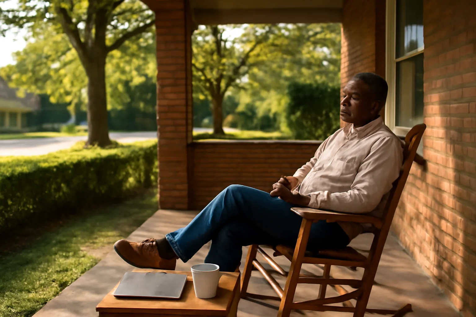 Adult on a Little Rock porch starting remote online notarization work