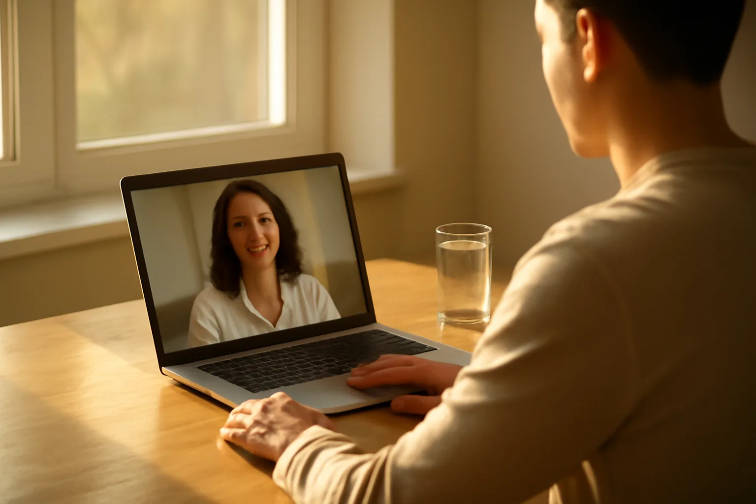 Notary at a sunlit wooden desk with a laptop open for a remote online session