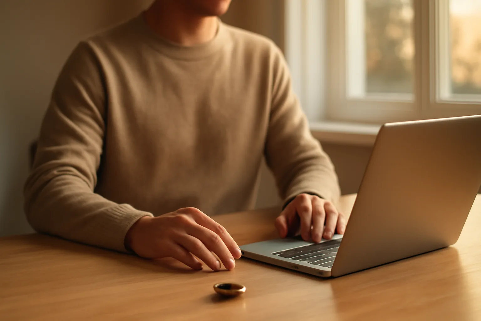 Notary at a wooden desk with laptop and seal stamp, Connecticut home office