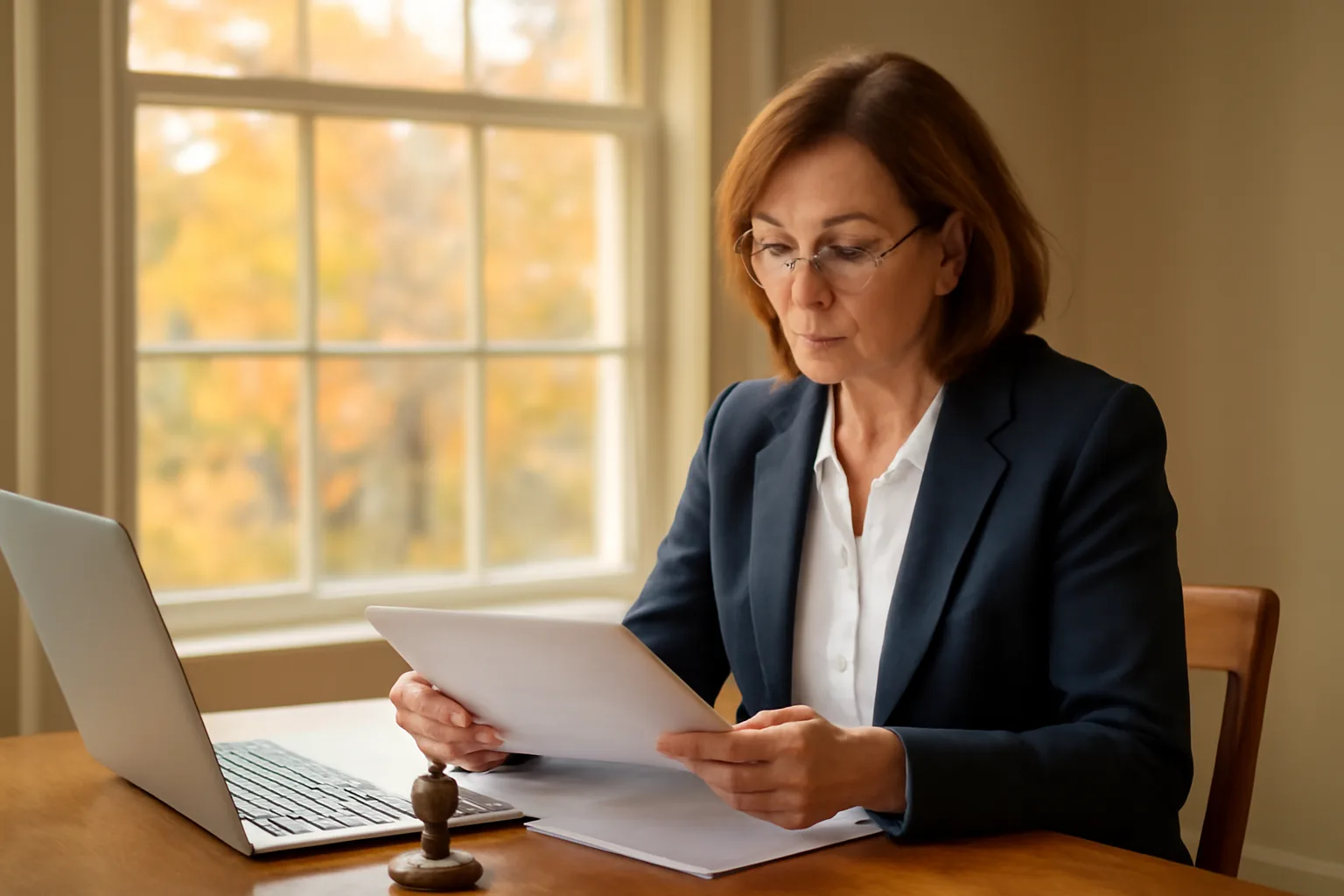 Notary reviewing documents at a desk with autumn light, Connecticut home office