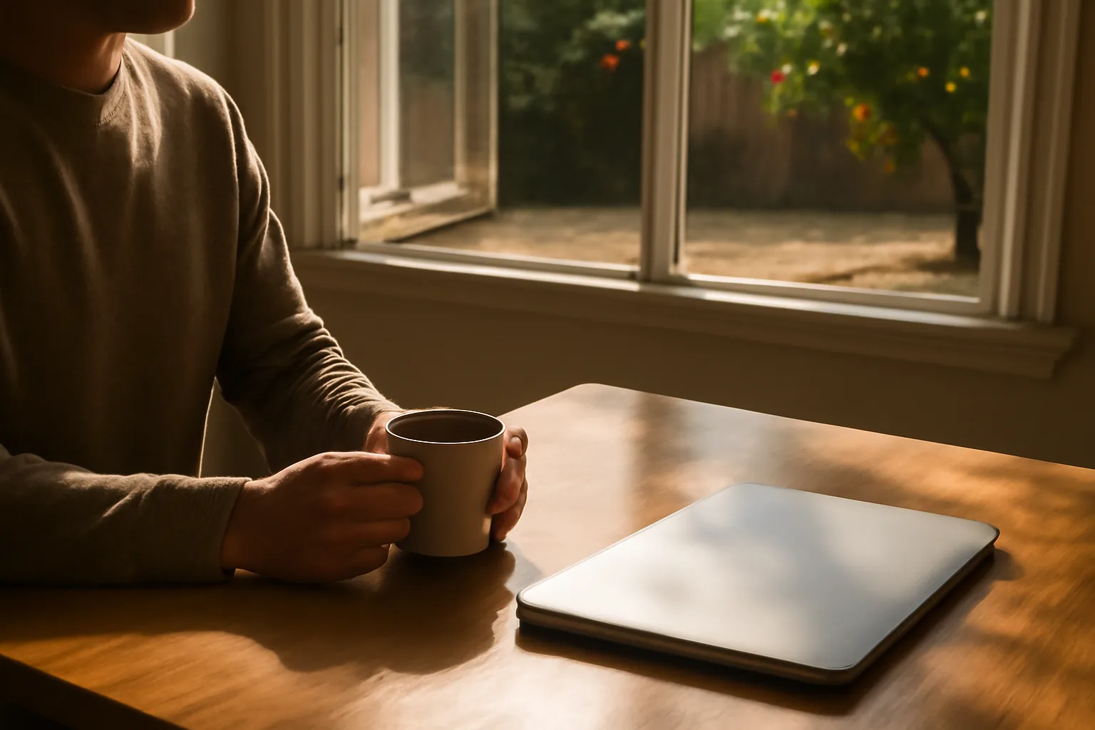 Person with coffee at a Sacramento kitchen table considering notary costs