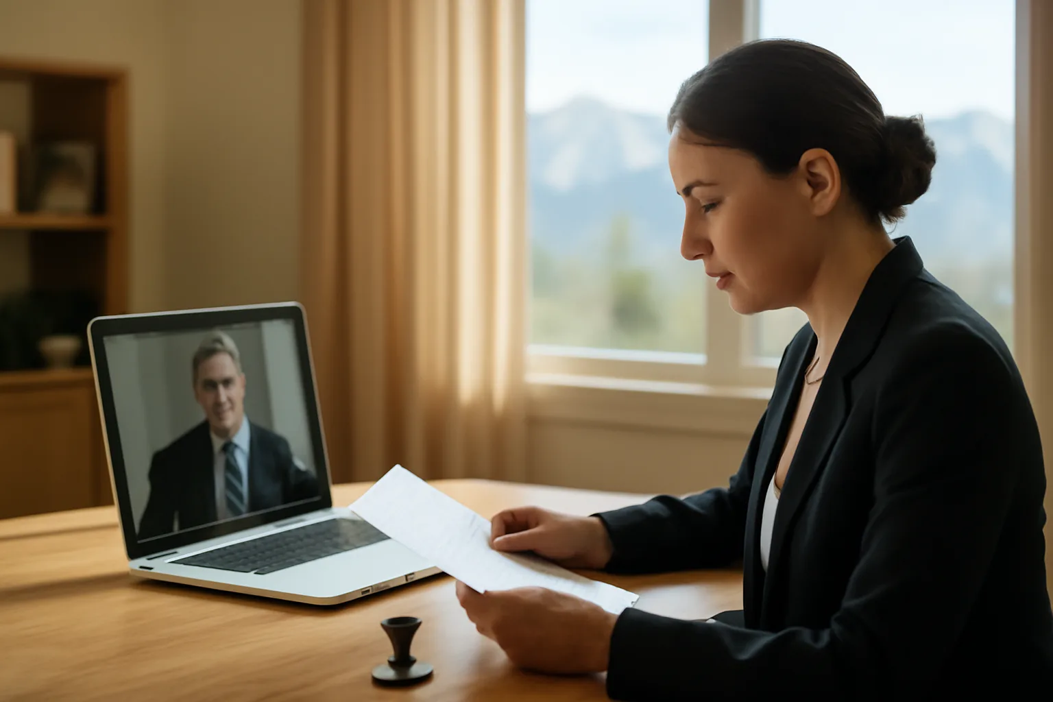 Notary at a sunlit desk in Colorado home office reviewing documents for remote online notarization