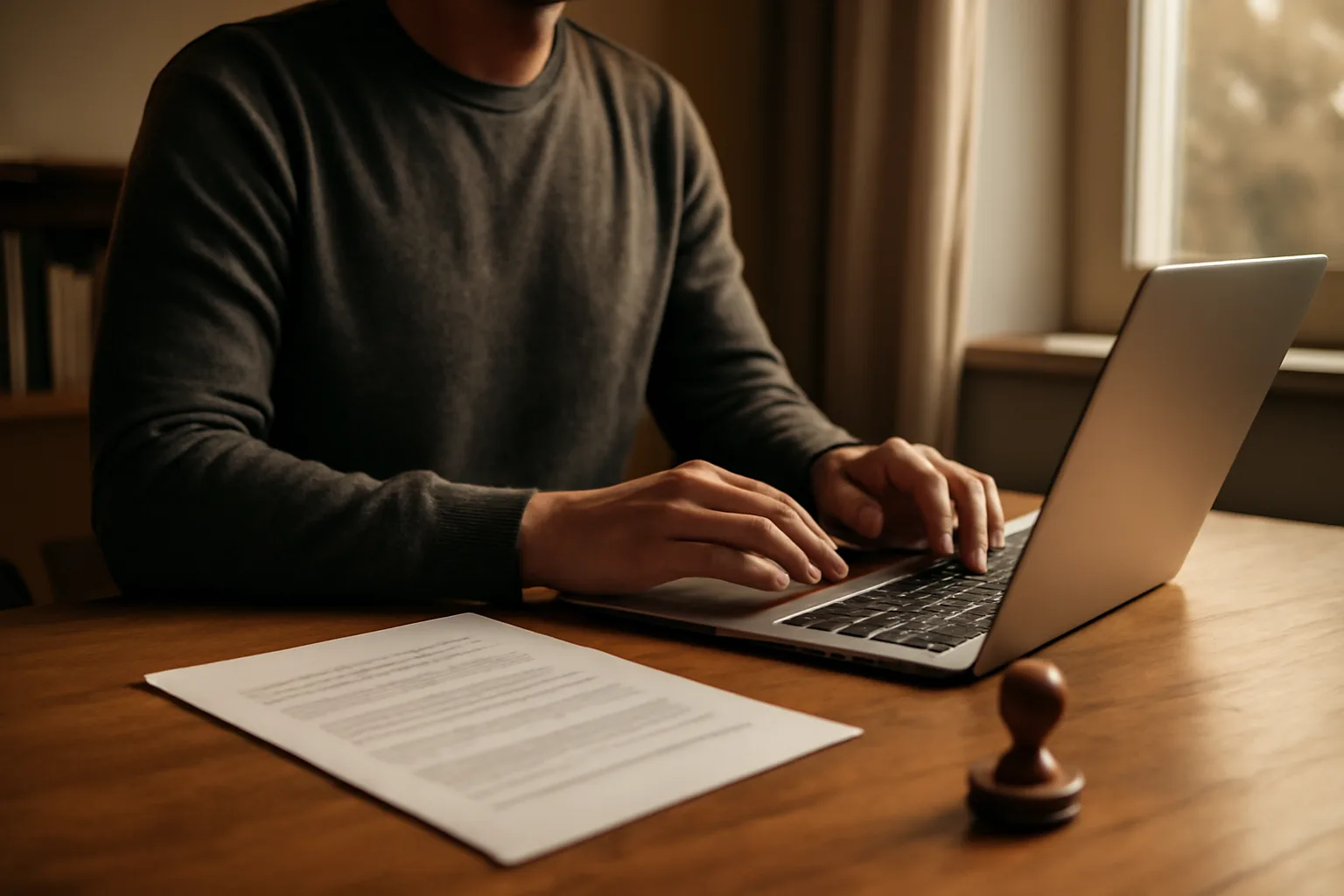 Notary at a home office desk preparing for a remote online notarization session