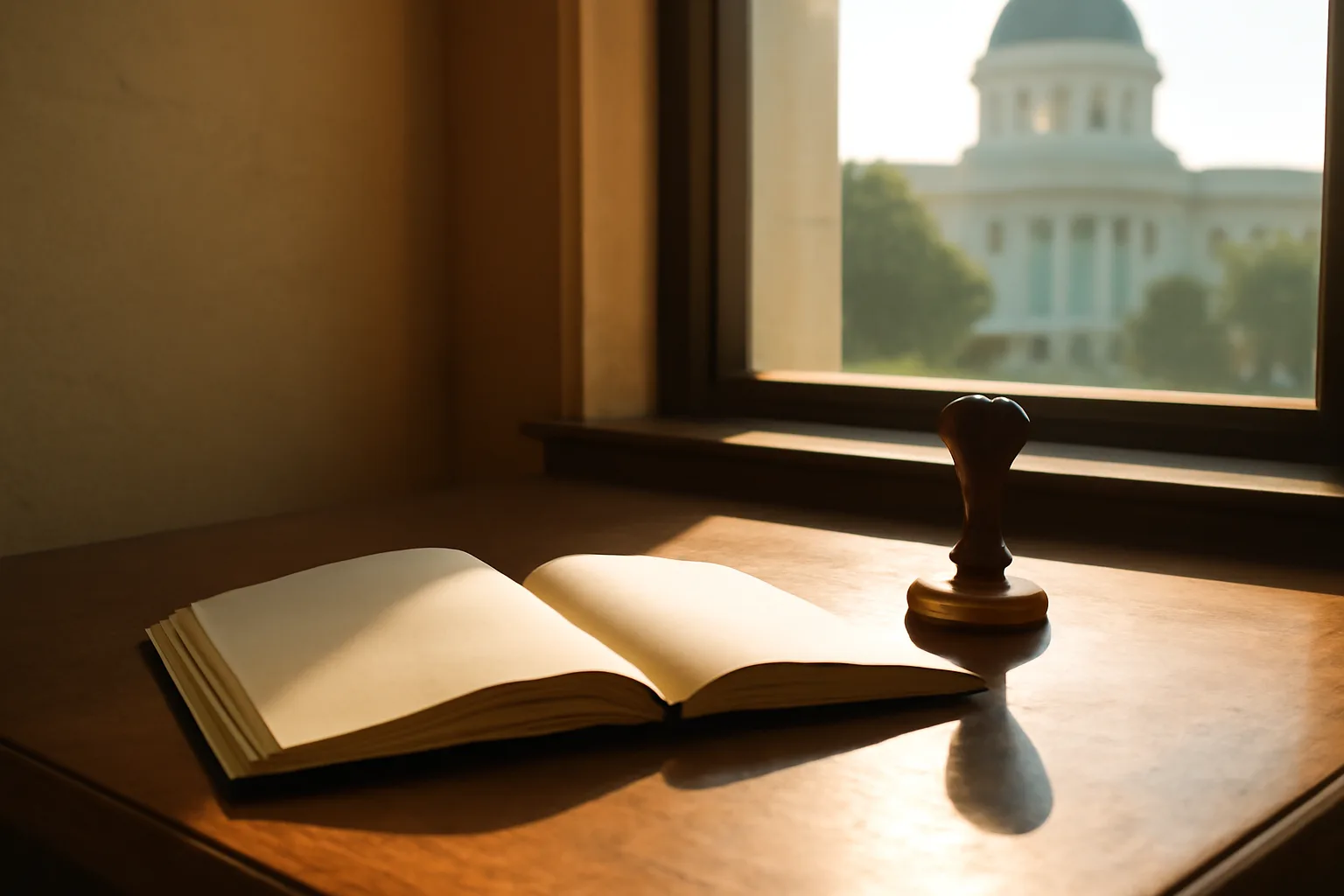 Notary seal stamp and open journal on a sunlit desk, California government building