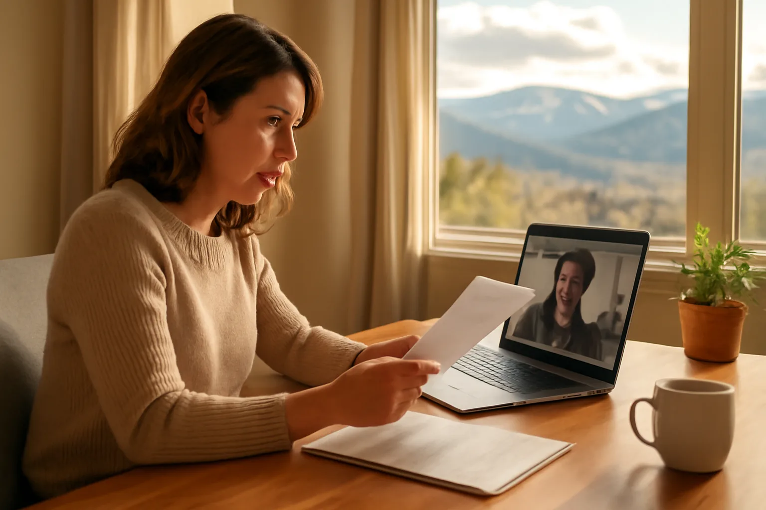 Notary at a home office desk with video call open, Colorado foothills in background